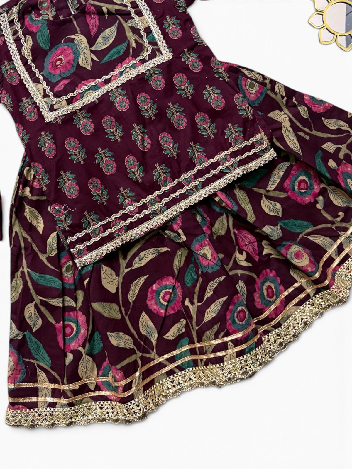 Sanjh Mehroon Floral Girls Kurti lehenga with Dupatta