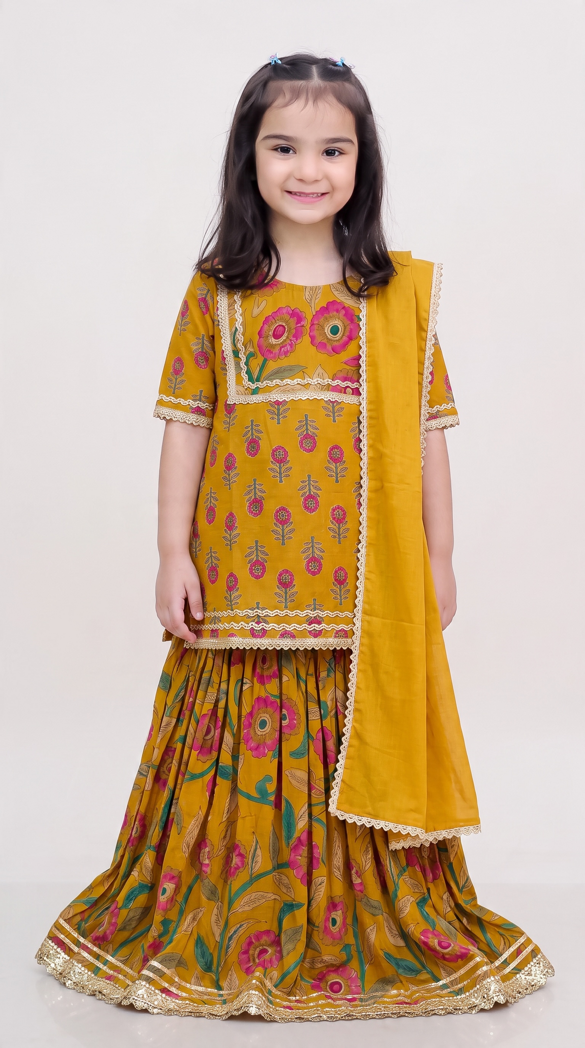 Sanjh Yellow Floral Girls Kurti lehenga with Dupatta