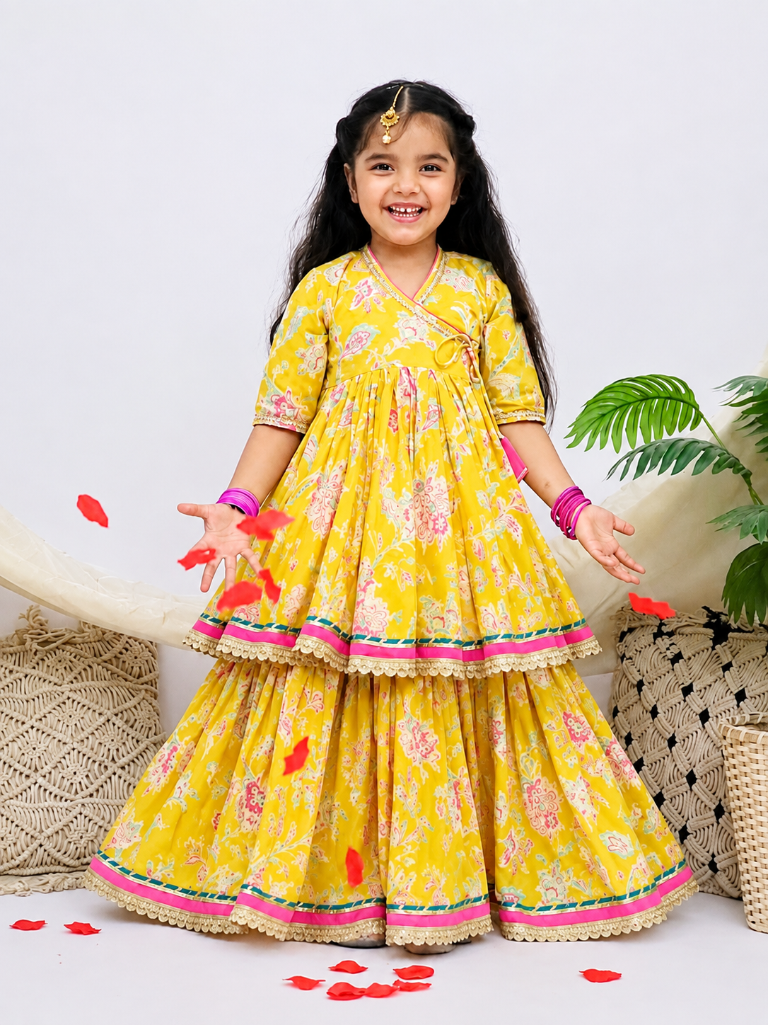 Gulbahar Yellow Girls Floral Angrakha Kurti with Skirt