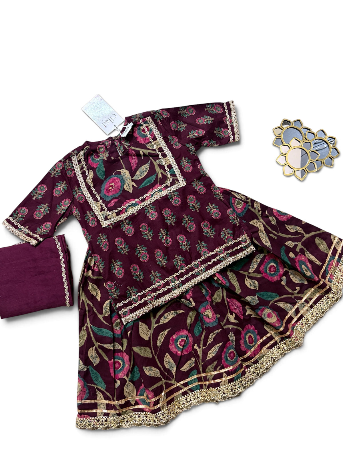 Sanjh Mehroon Floral Girls Kurti lehenga with Dupatta