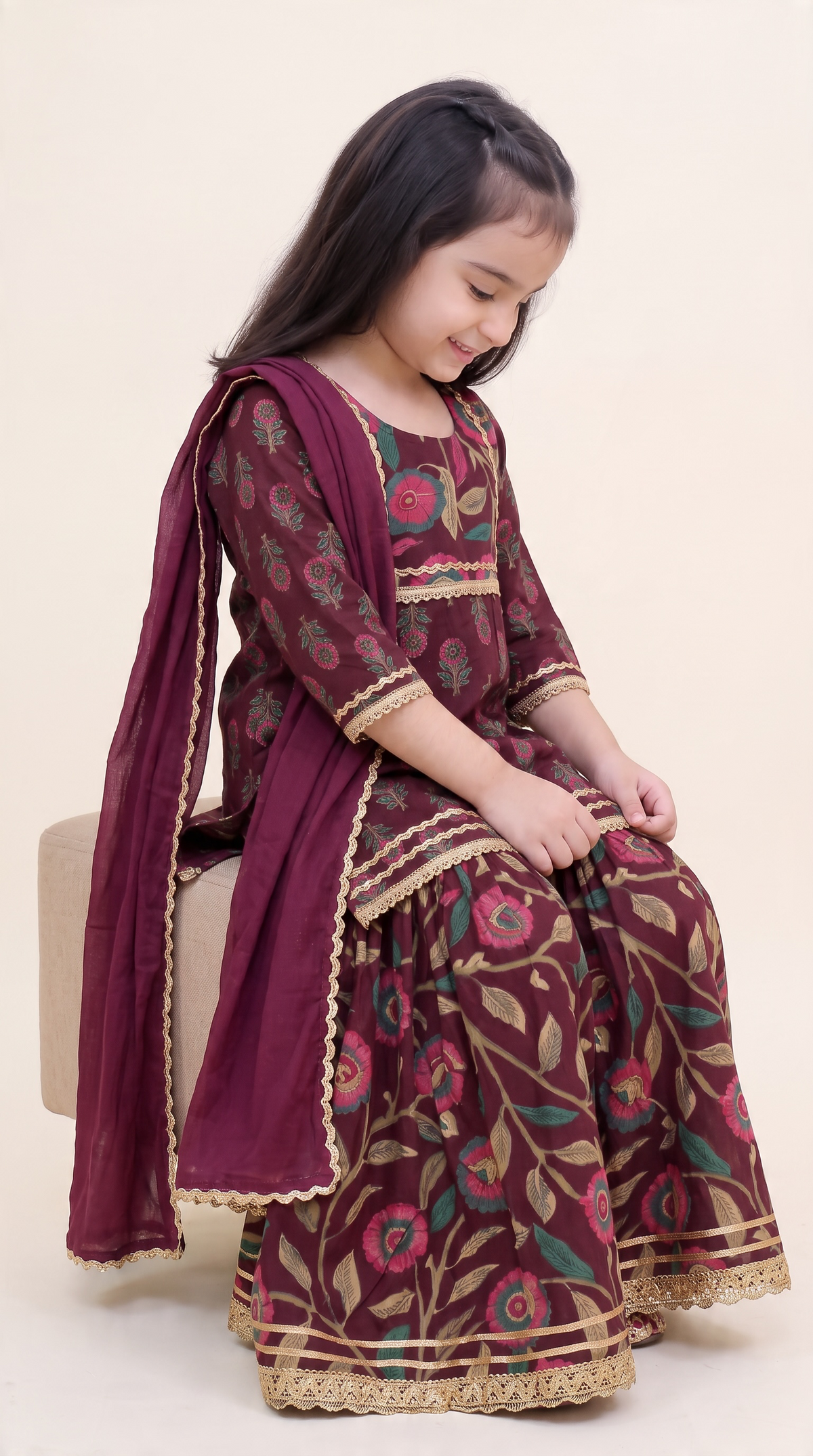 Sanjh Mehroon Floral Girls Kurti lehenga with Dupatta