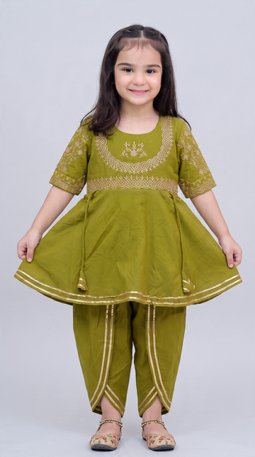 Hawa Mahal Green Embroidery Girls Dhoti Kurti