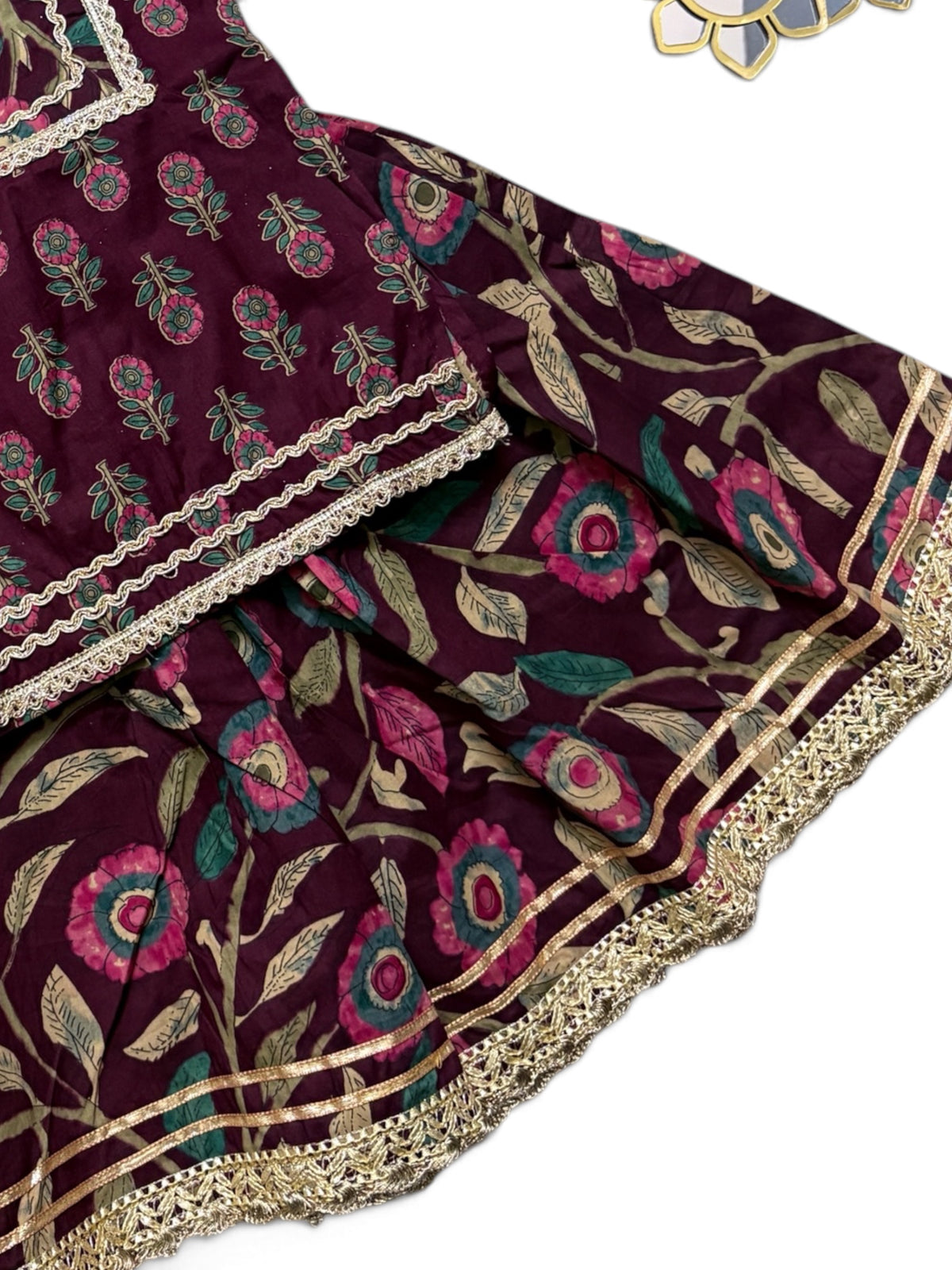 Sanjh Mehroon Floral Girls Kurti lehenga with Dupatta