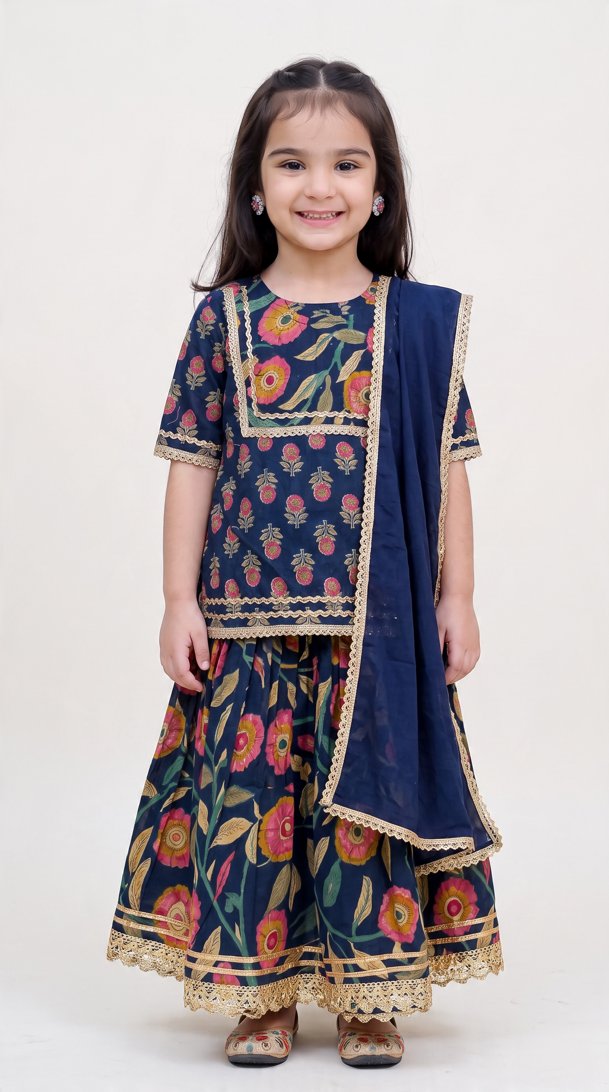 Sanjh Blue Floral Girls Kurti lehenga with Dupatta