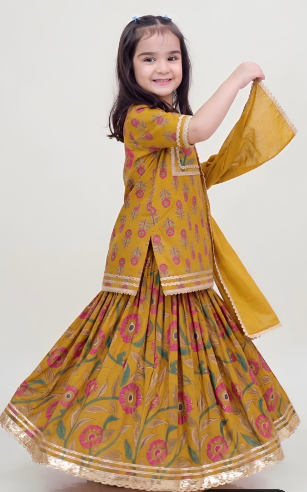 Sanjh Yellow Floral Girls Kurti lehenga with Dupatta