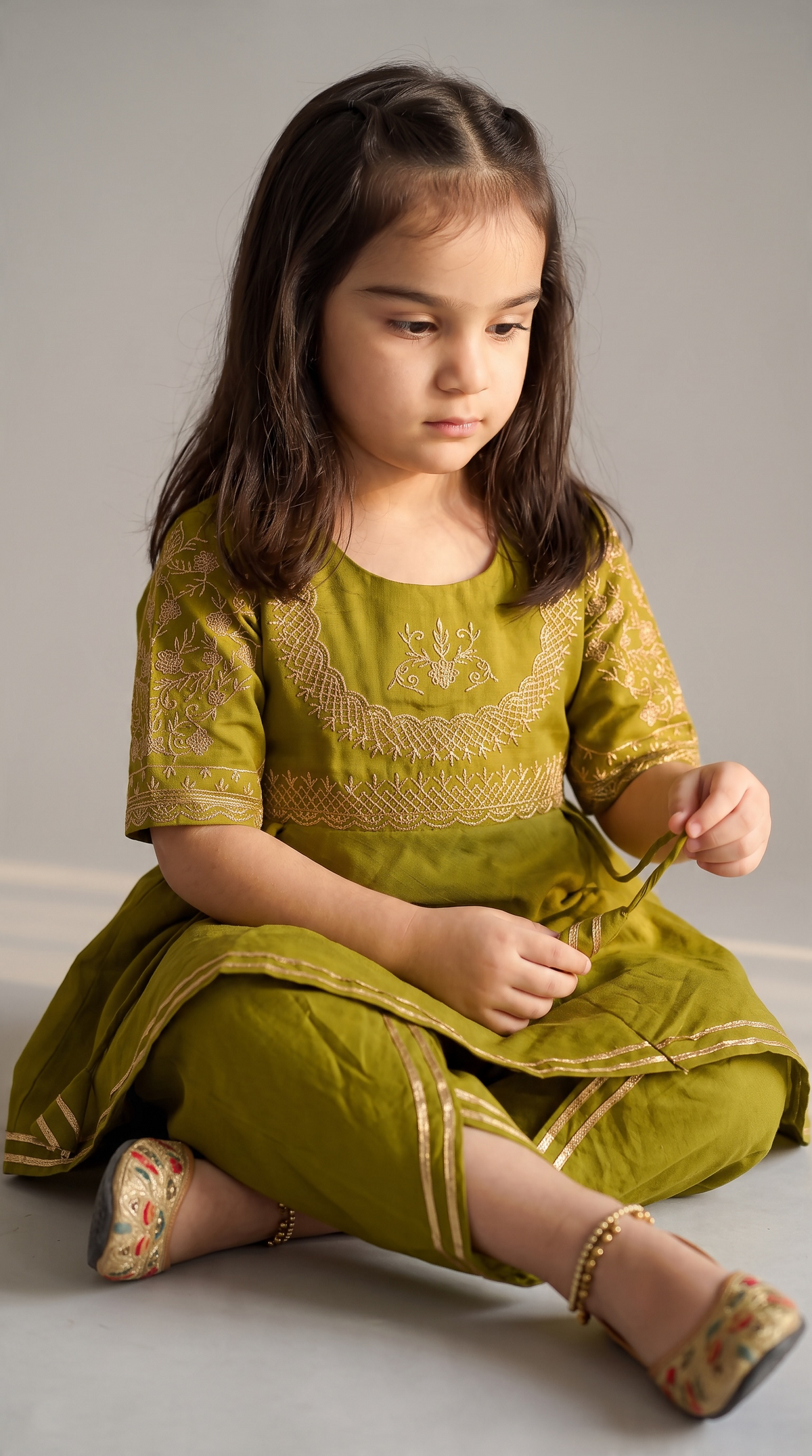 Hawa Mahal Green Embroidery Girls Dhoti Kurti