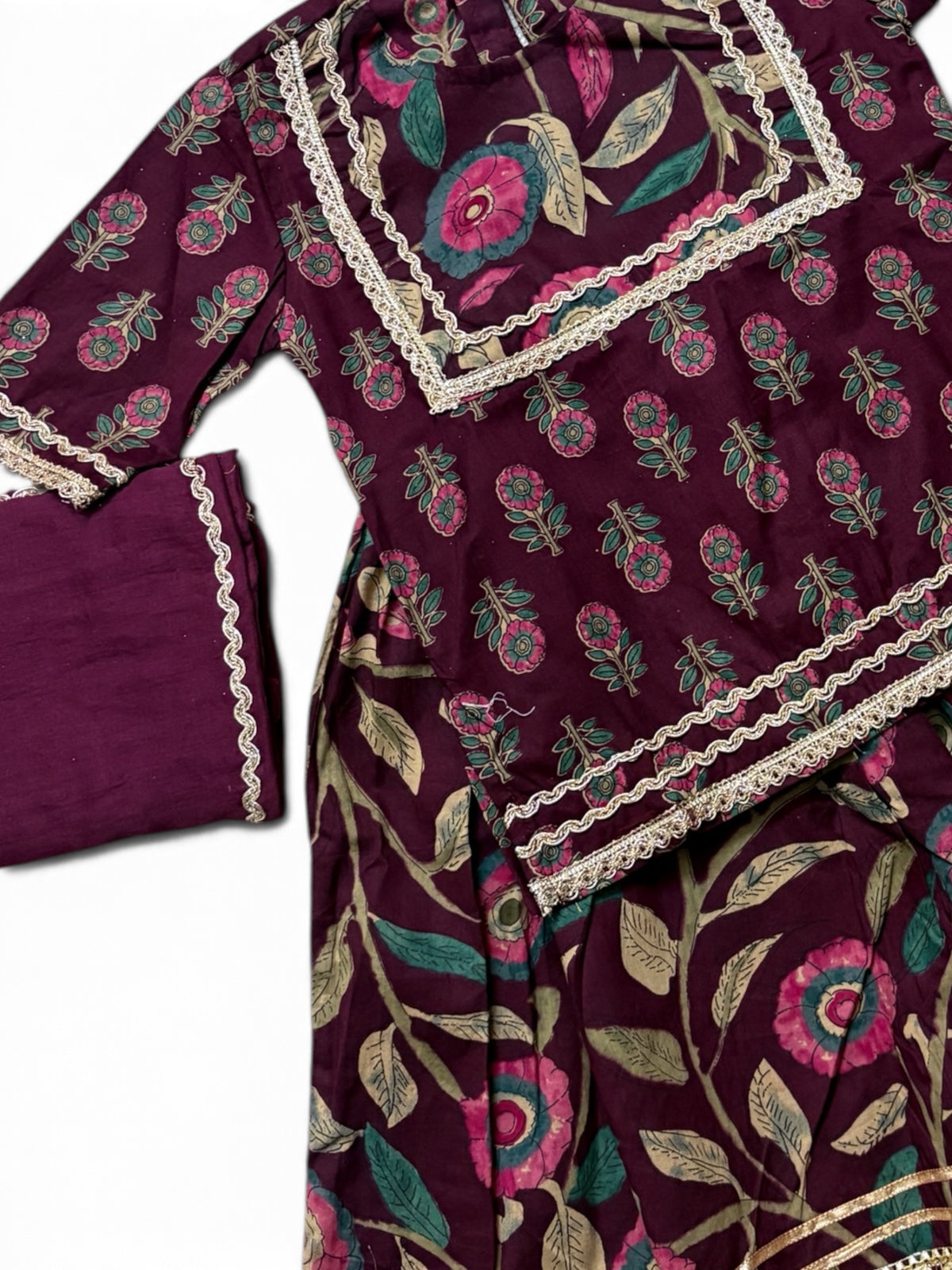 Sanjh Mehroon Floral Girls Kurti lehenga with Dupatta