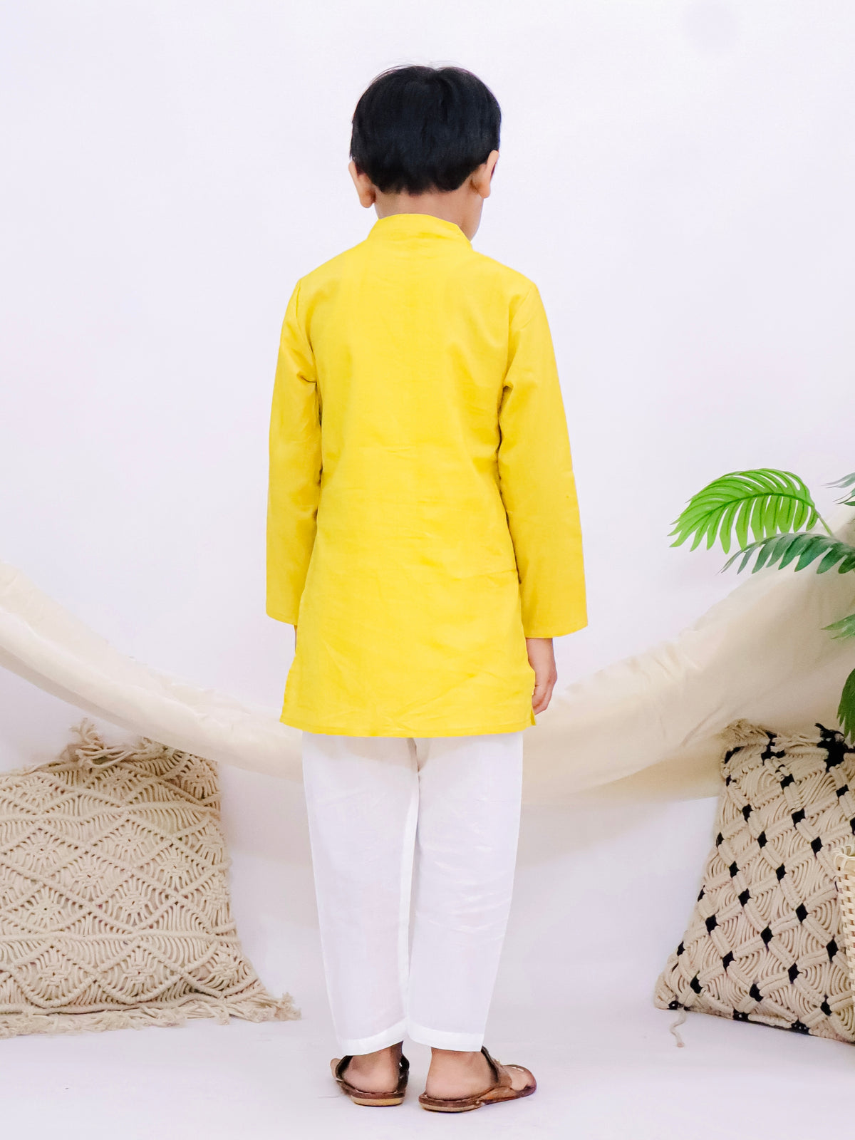 Jaipuri Yellow Boys Kurta Pajama Set with Printed Half Jacket