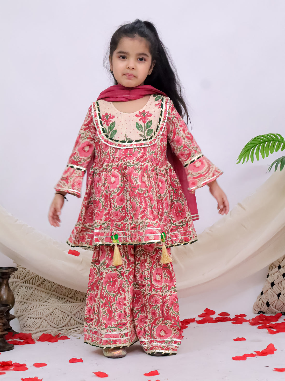 Gulnaar Pink Girls Printed Sharara Kurti With Mul Dupatta