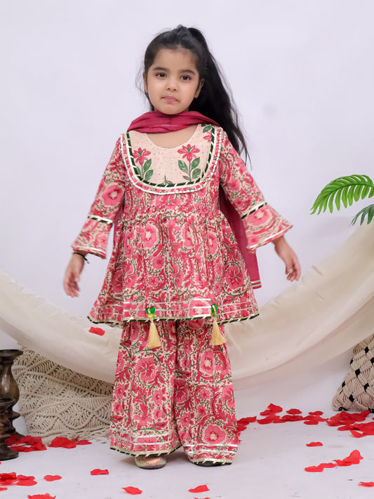 Gulnaar Pink Girls Printed Sharara Kurti With Mul Dupatta