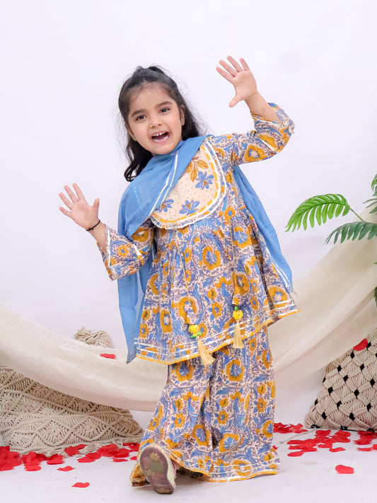 Sky Blue Floral Printed Sharara Kurti Set with Mul Dupatta