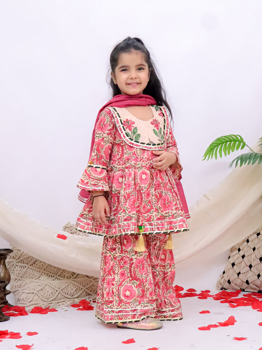 Gulnaar Pink Girls Printed Sharara Kurti With Mul Dupatta
