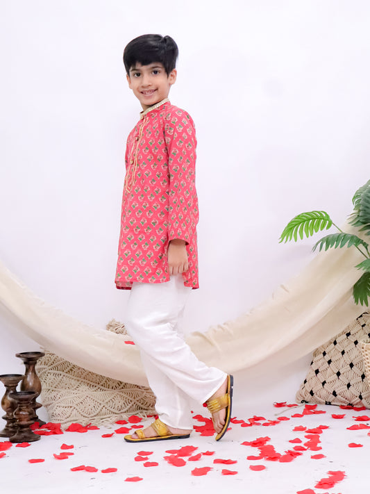 Abeer Red Jaipuri Printed Boys Kurta Pajama Set