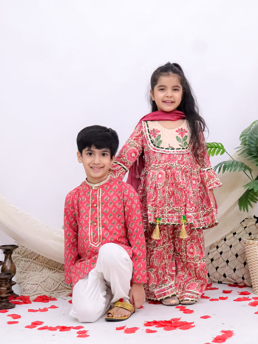 Rangrez Rose Pink Floral Sibling Set