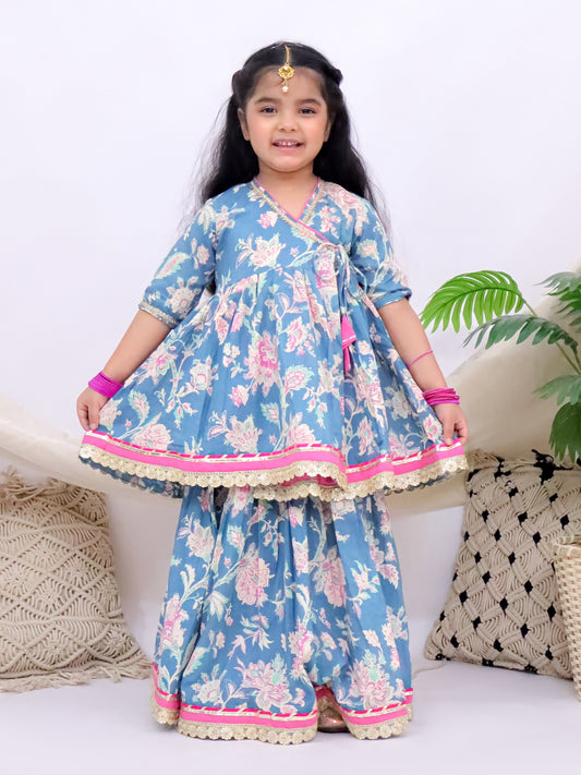 Gulbahar Blue Girls Floral Angrakha Kurti with Skirt