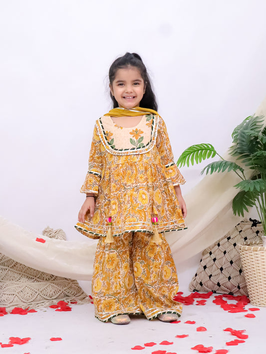 Gulnaar Yellow Girls Printed Sharara Kurti With Mul Dupatta