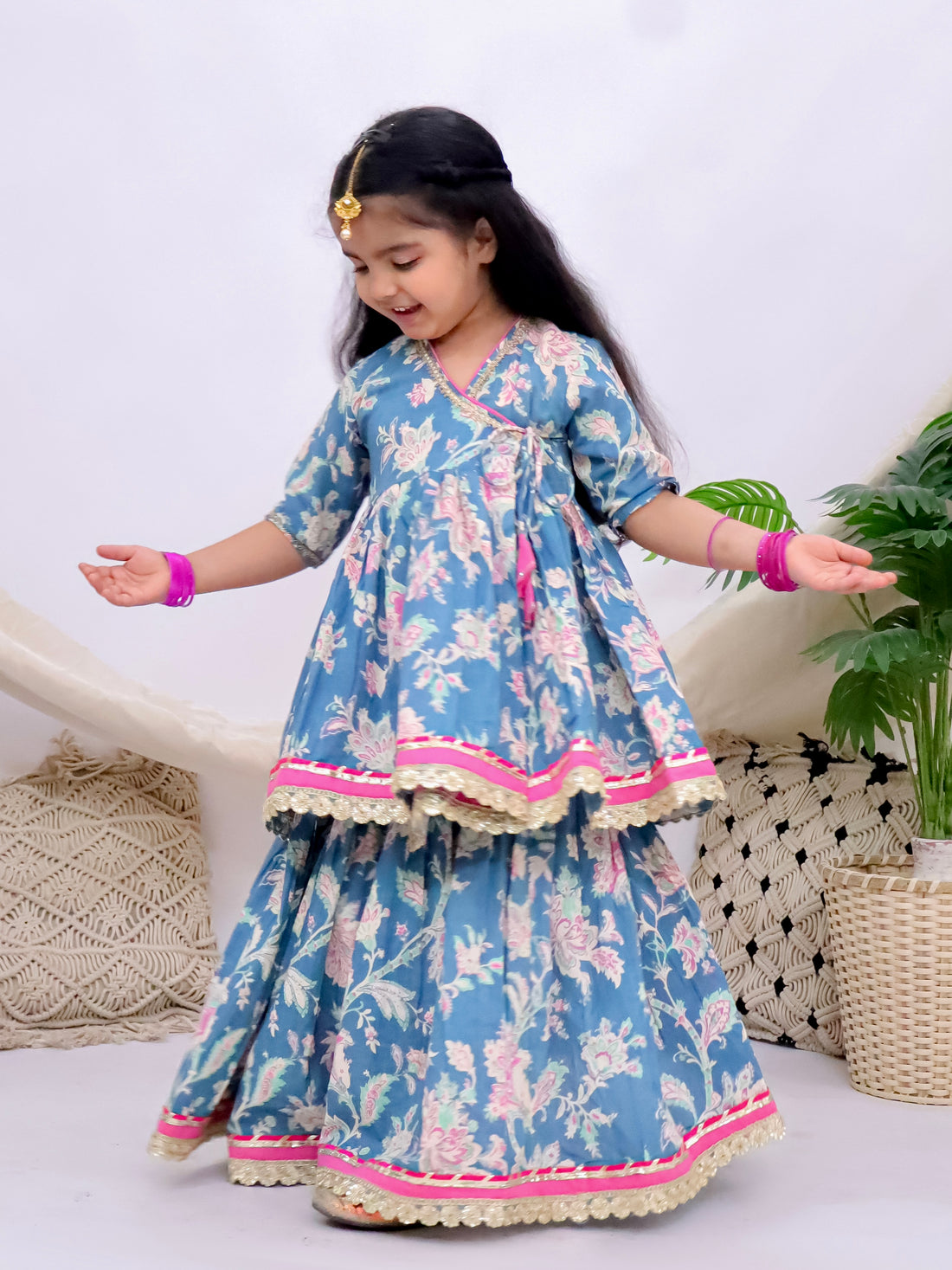 Gulbahar Blue Girls Floral Angrakha Kurti with Skirt