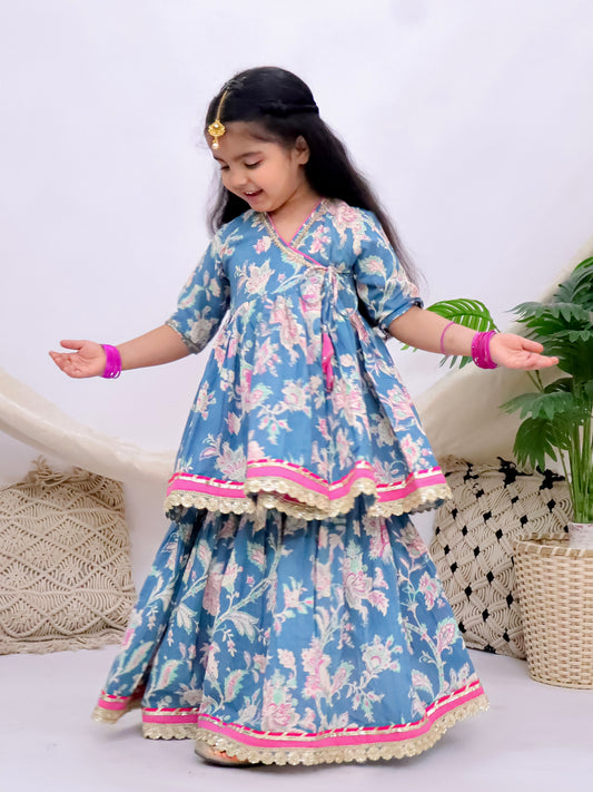 Gulbahar Blue Girls Floral Angrakha Kurti with Skirt