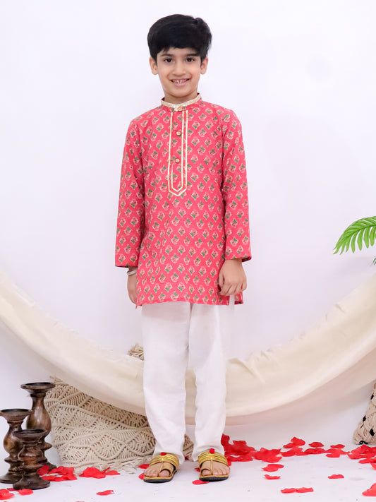 Abeer Red Jaipuri Printed Boys Kurta Pajama Set
