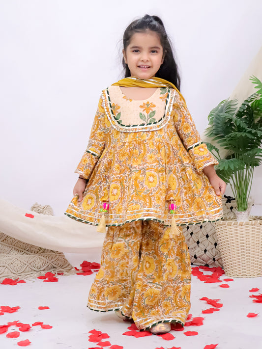 Gulnaar Yellow Girls Printed Sharara Kurti With Mul Dupatta