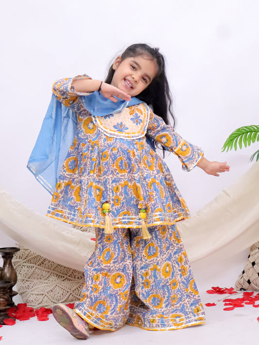 Sky Blue Floral Printed Sharara Kurti Set with Mul Dupatta