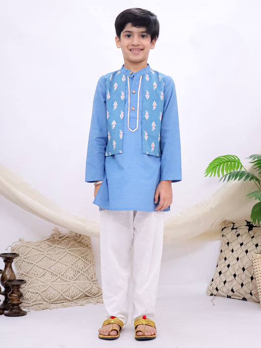 Royal Blue Kurta Pajama Set with Printed Half Jacket