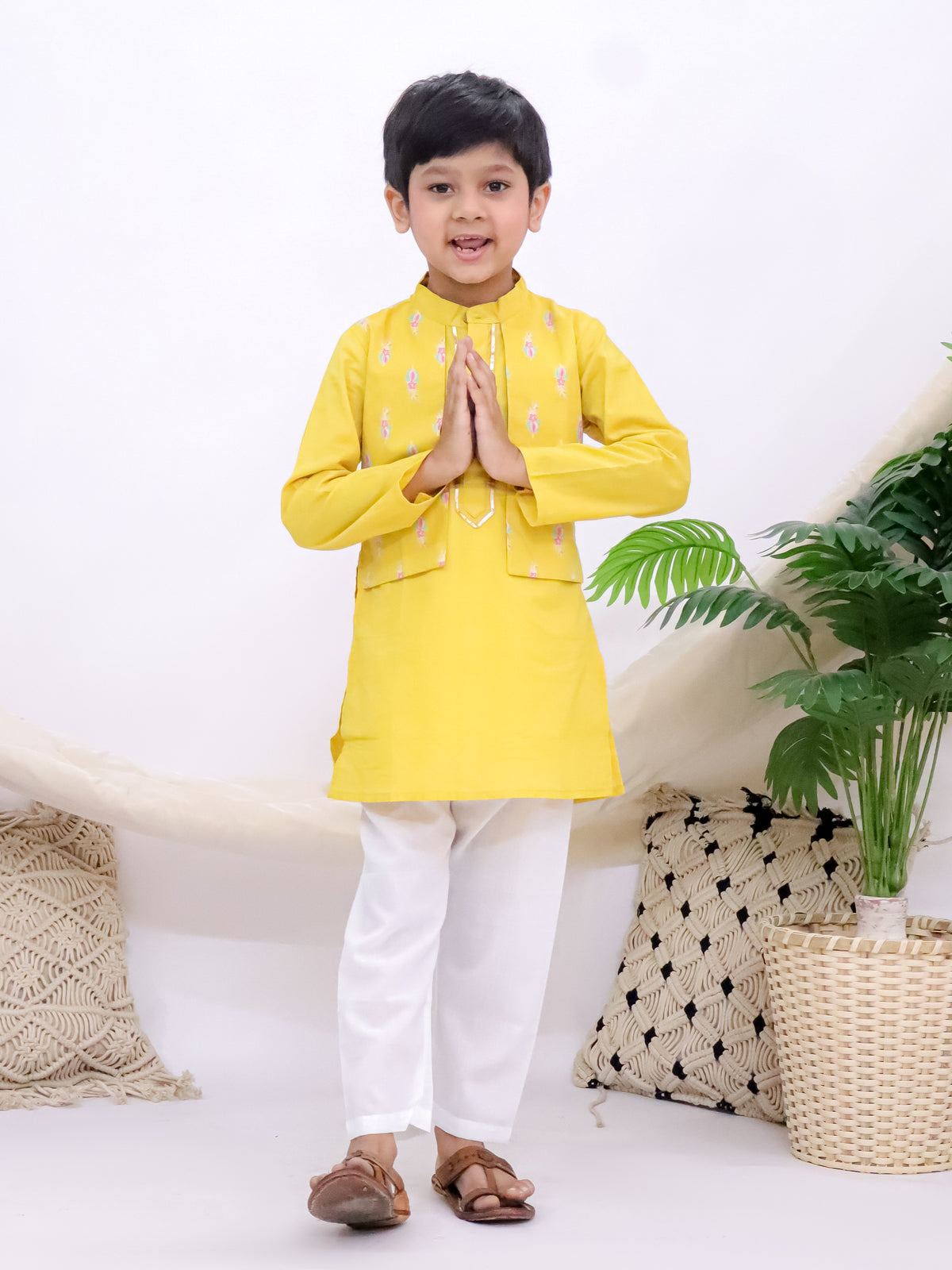 Jaipuri Yellow Boys Kurta Pajama Set with Printed Half Jacket