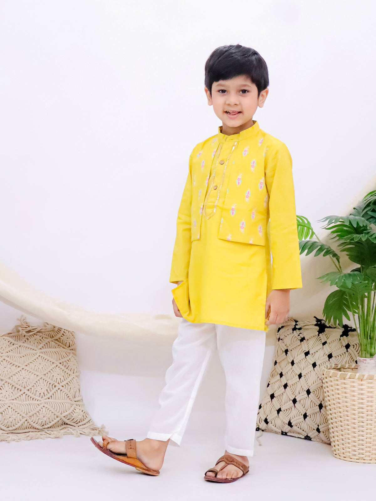 Jaipuri Yellow Boys Kurta Pajama Set with Printed Half Jacket