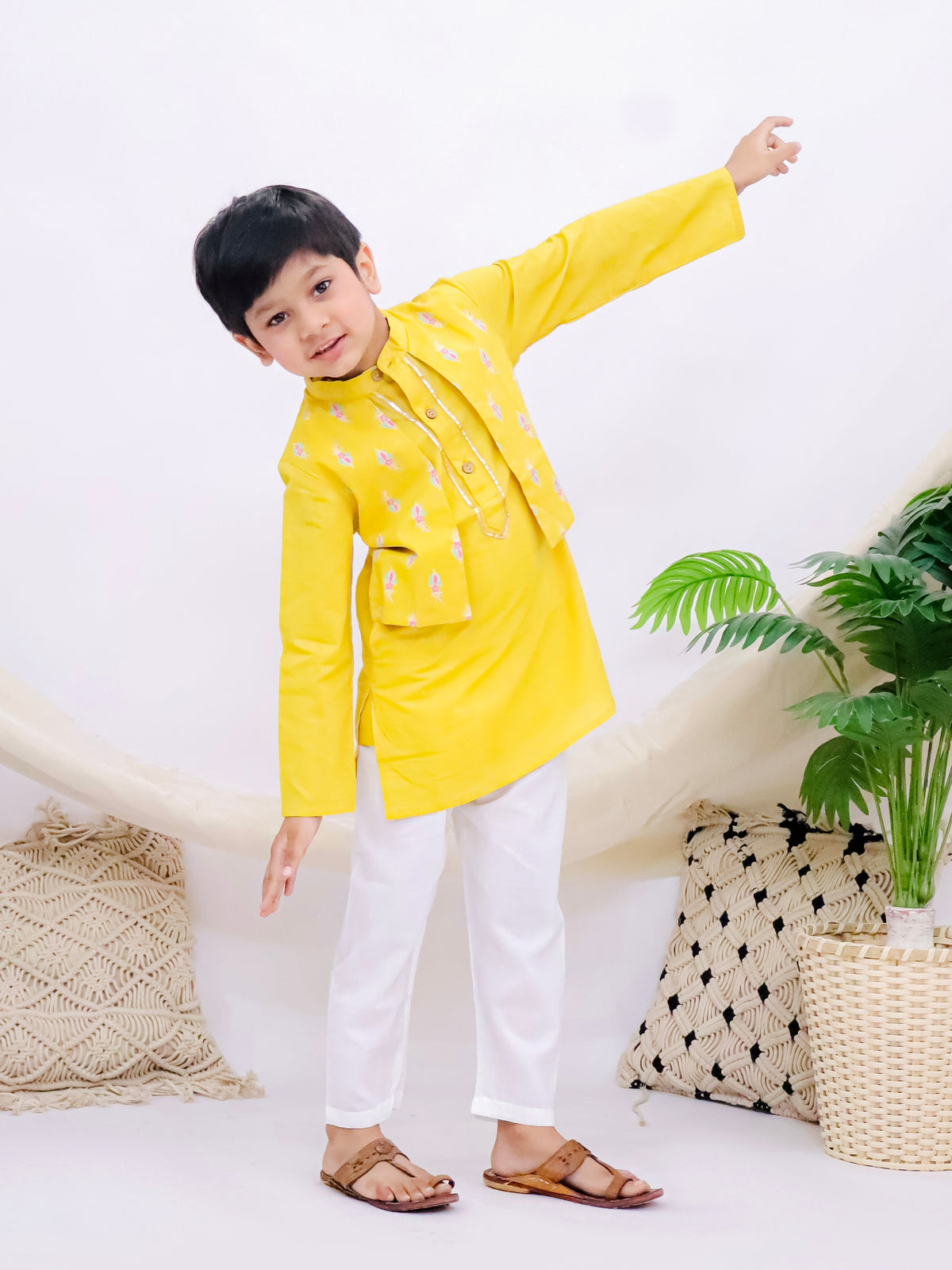 Jaipuri Yellow Boys Kurta Pajama Set with Printed Half Jacket