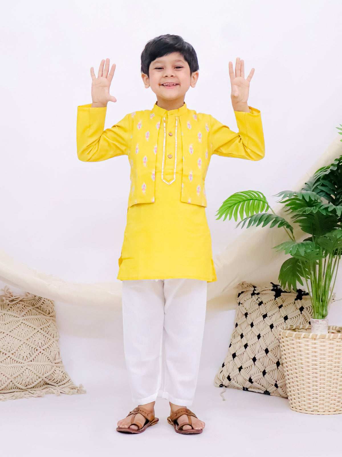 Jaipuri Yellow Boys Kurta Pajama Set with Printed Half Jacket
