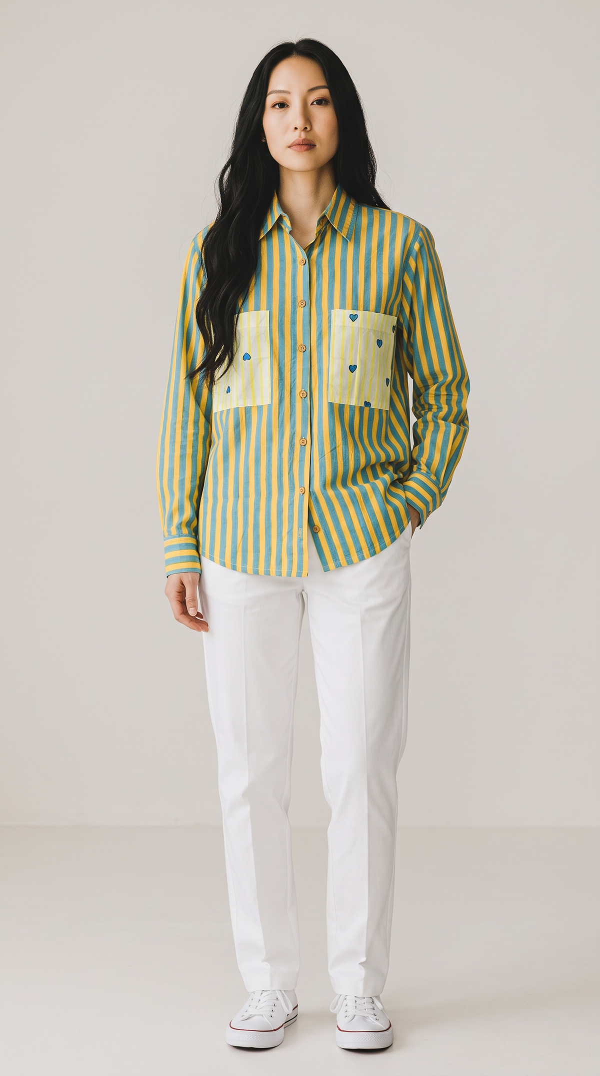 Mustard Yellow & Teal Striped Handblock Print Pure Cotton Shirt