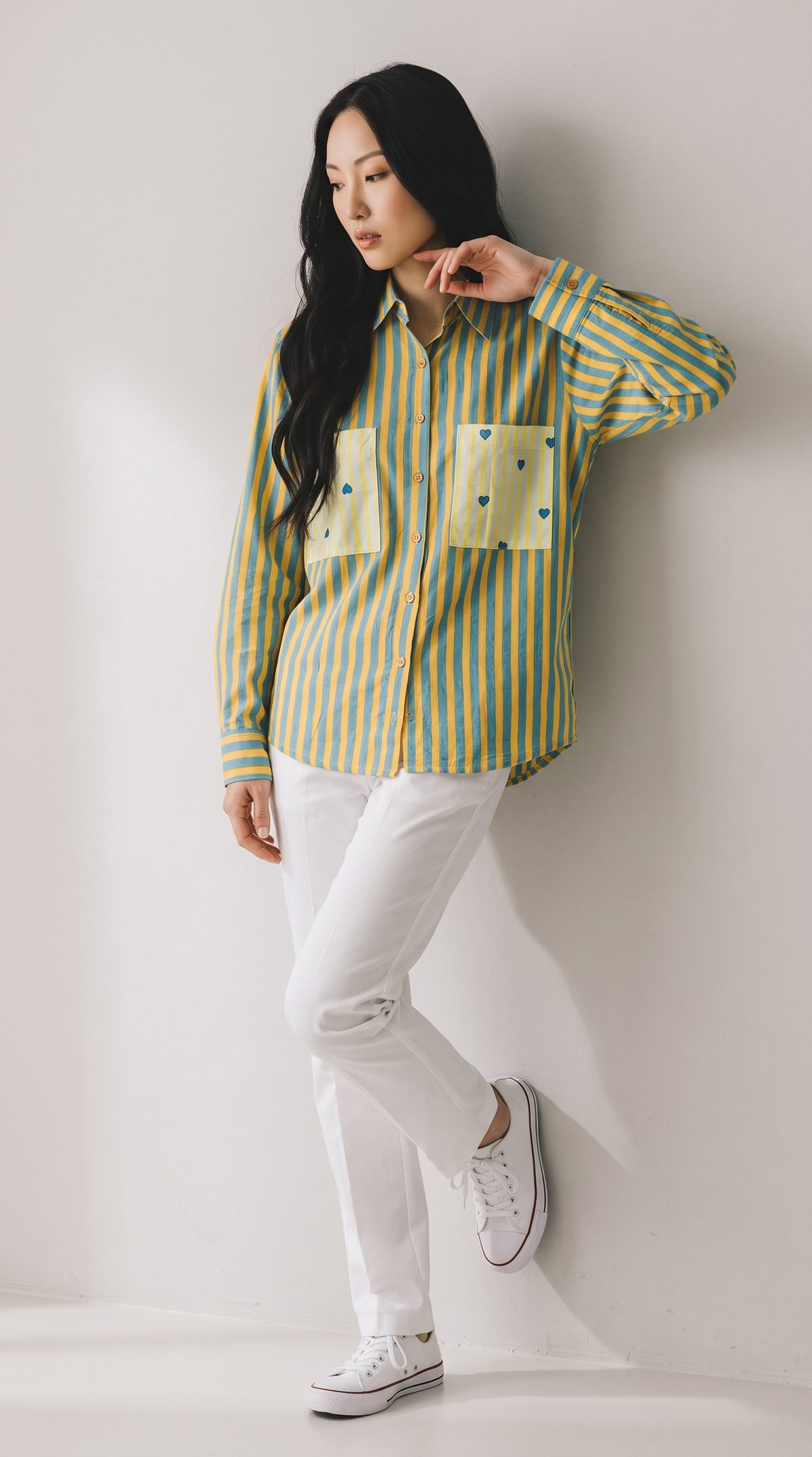 Mustard Yellow & Teal Striped Handblock Print Pure Cotton Shirt