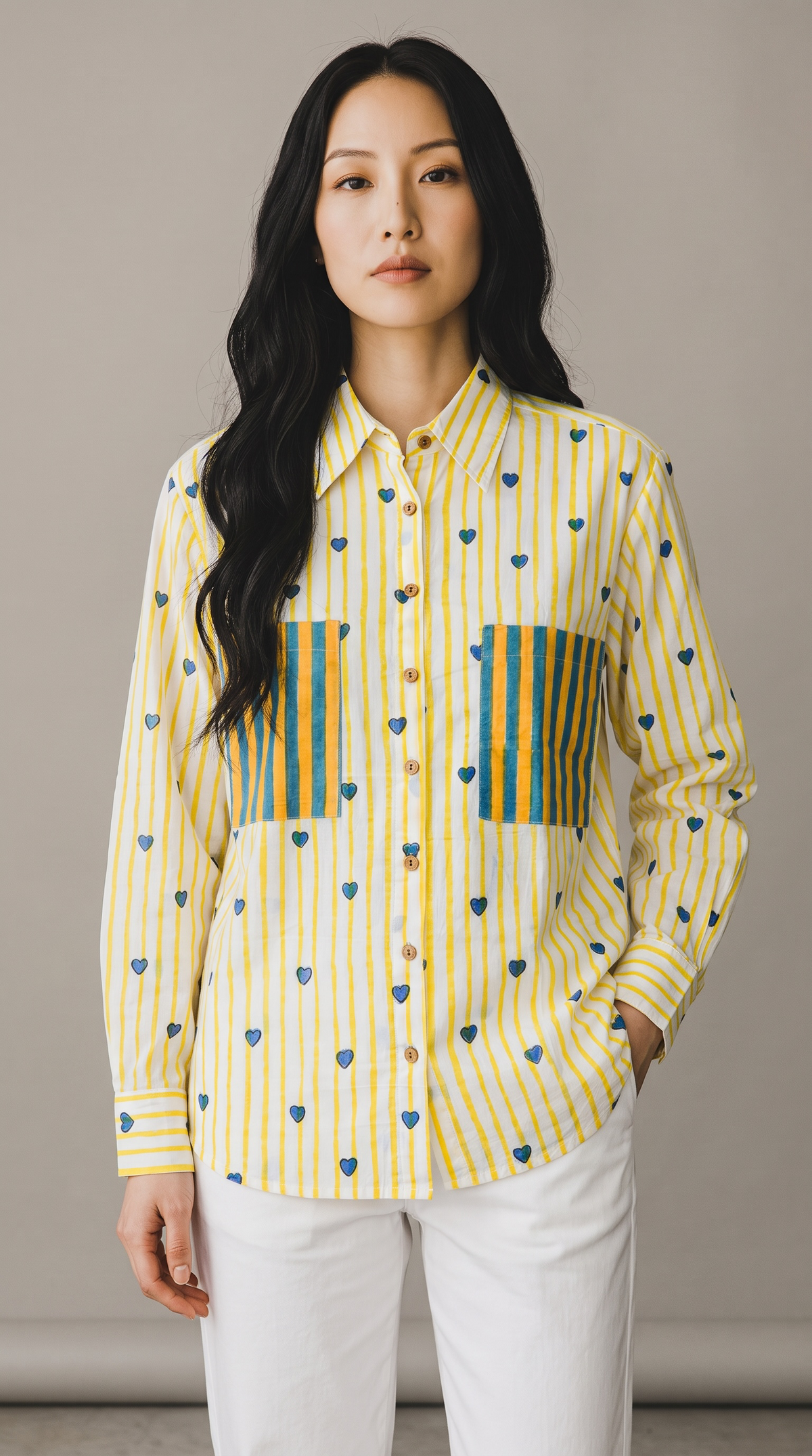 Ivory Yellow & Teal Handblock Print Pure Cotton Shirt with Printed Pockets