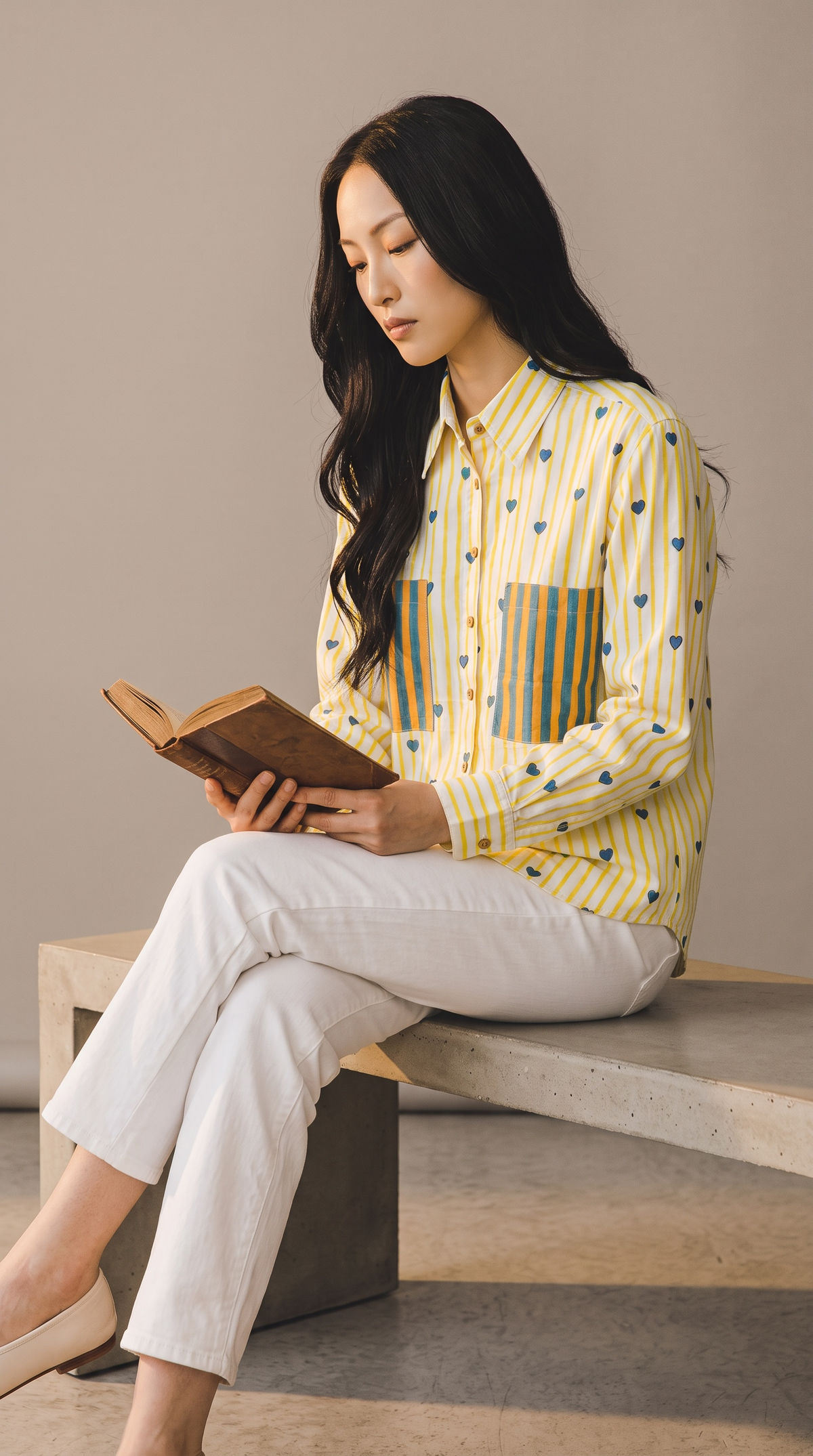 Ivory Yellow & Teal Handblock Print Pure Cotton Shirt with Printed Pockets