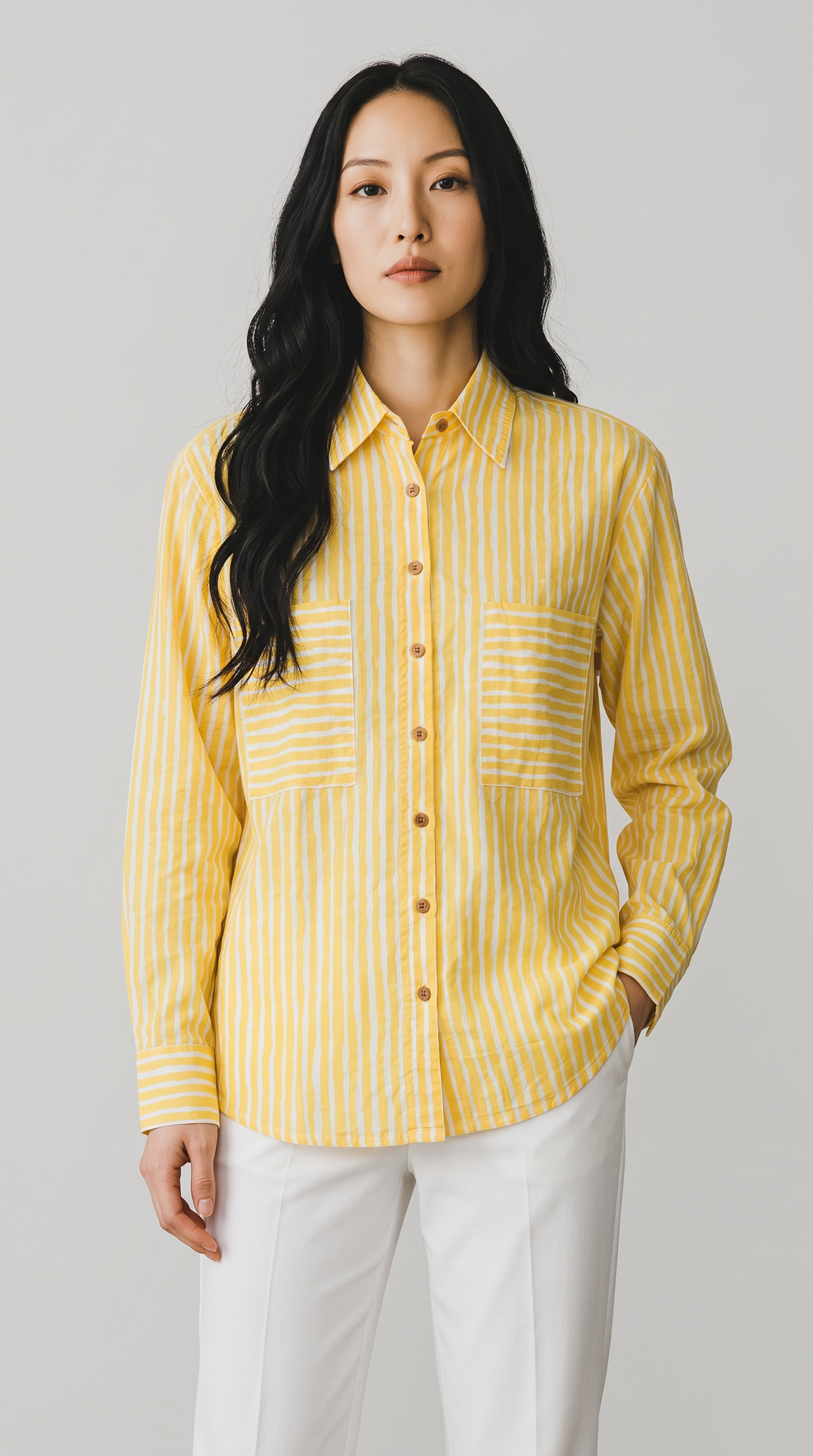 Sunshine Yellow Pure Cotton Shirt with Hand-Painted Organza Pocket