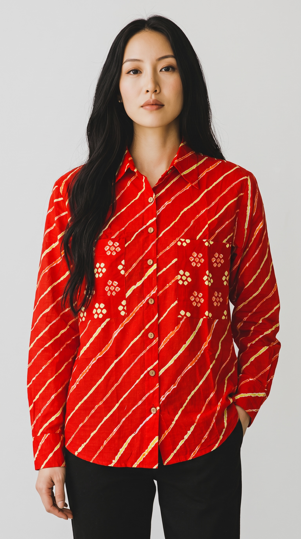 Scarlet Red Leheriya Pure Cotton Shirt with Bandhani Pockets