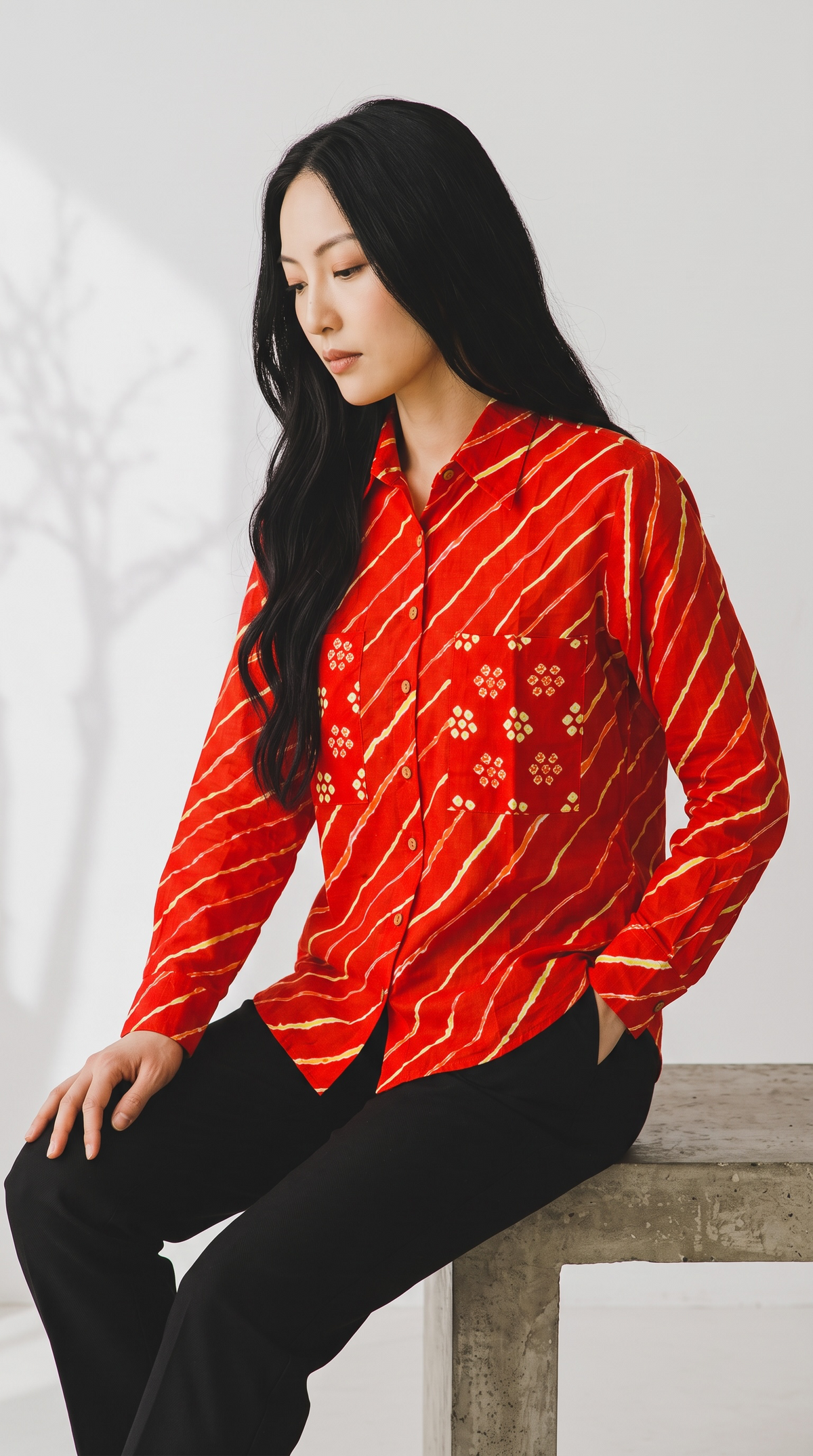 Scarlet Red Leheriya Pure Cotton Shirt with Bandhani Pockets