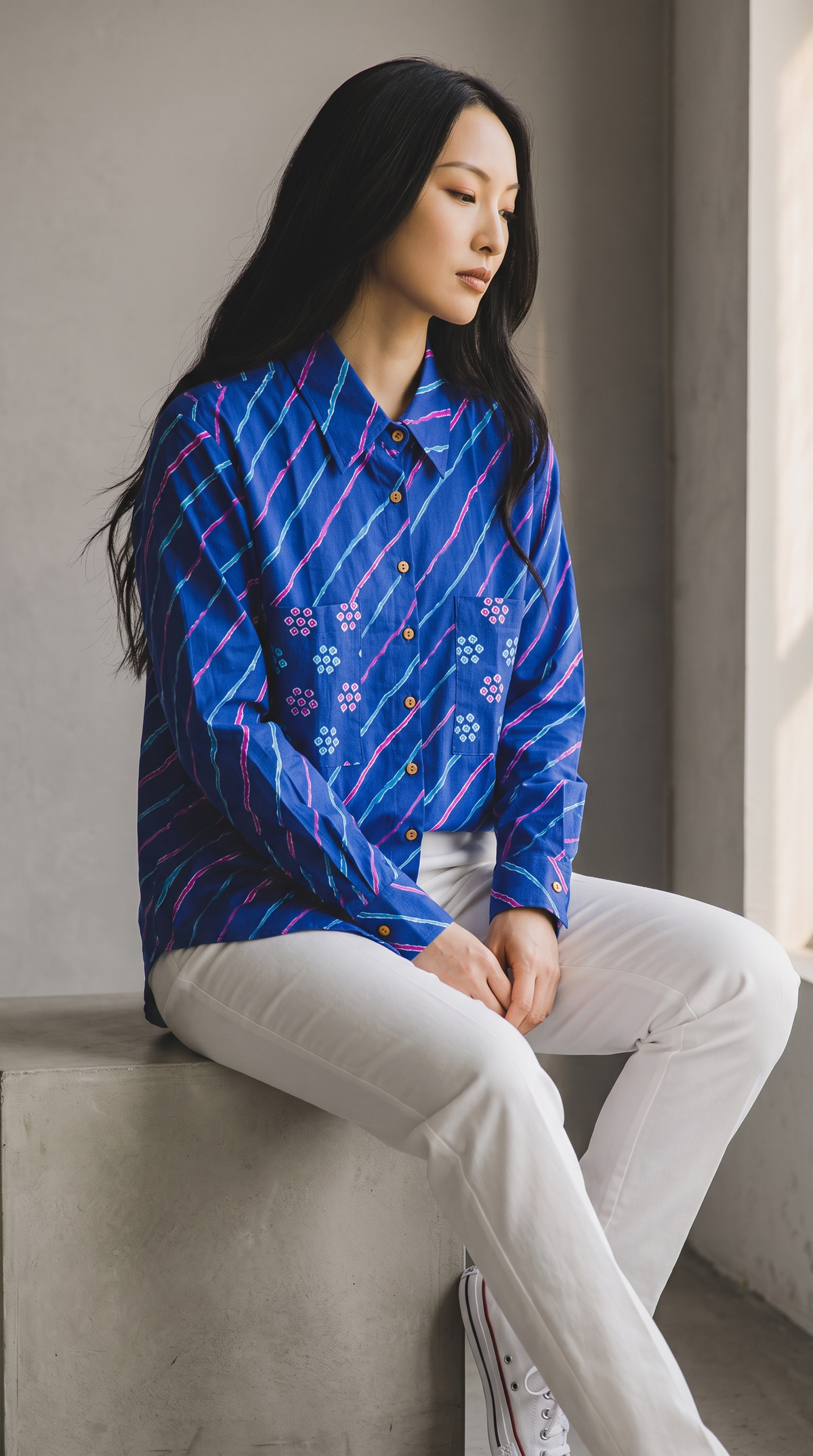 Royal Blue Leheriya Pure Cotton Shirt with Bandhani Pockets