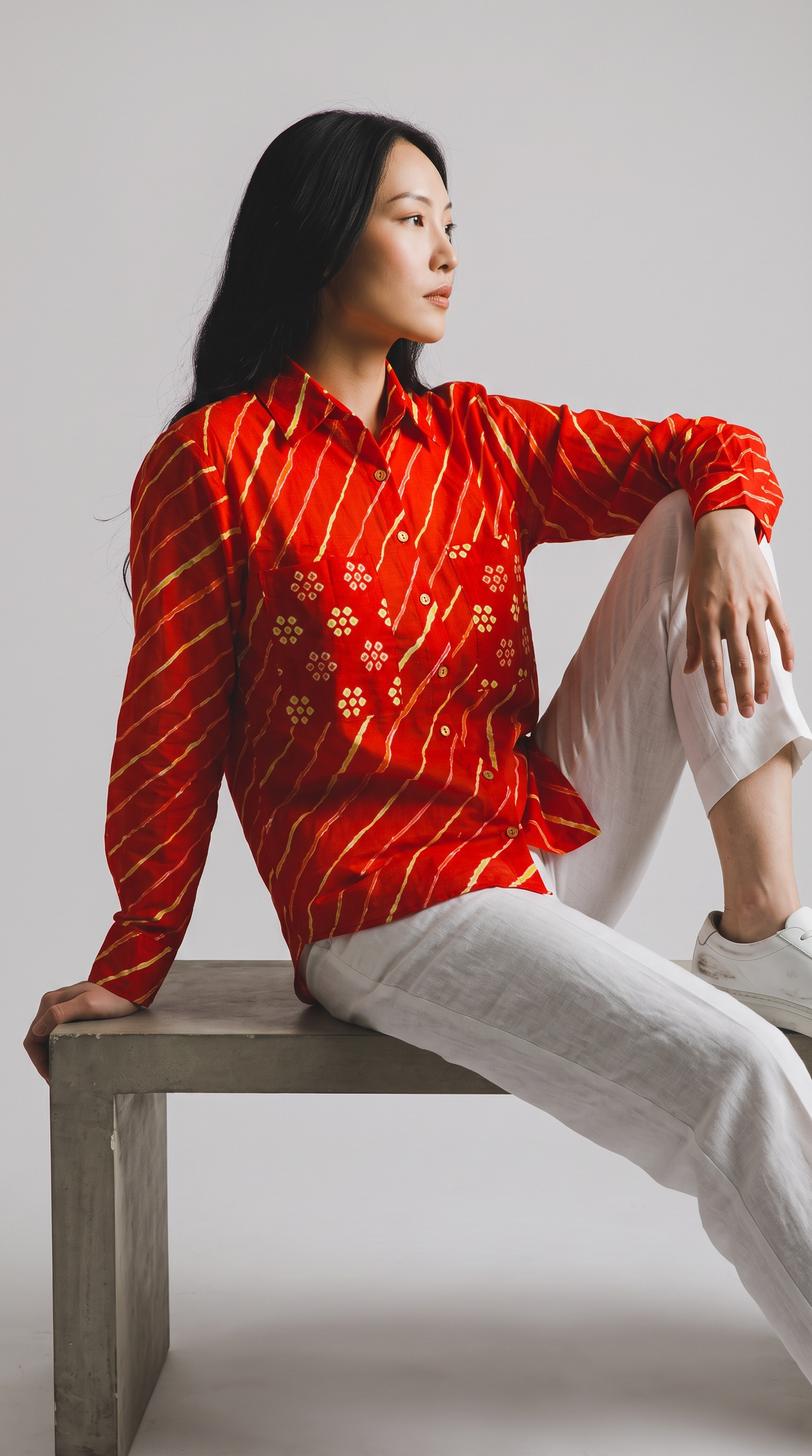 Scarlet Red Leheriya Pure Cotton Shirt with Bandhani Pockets
