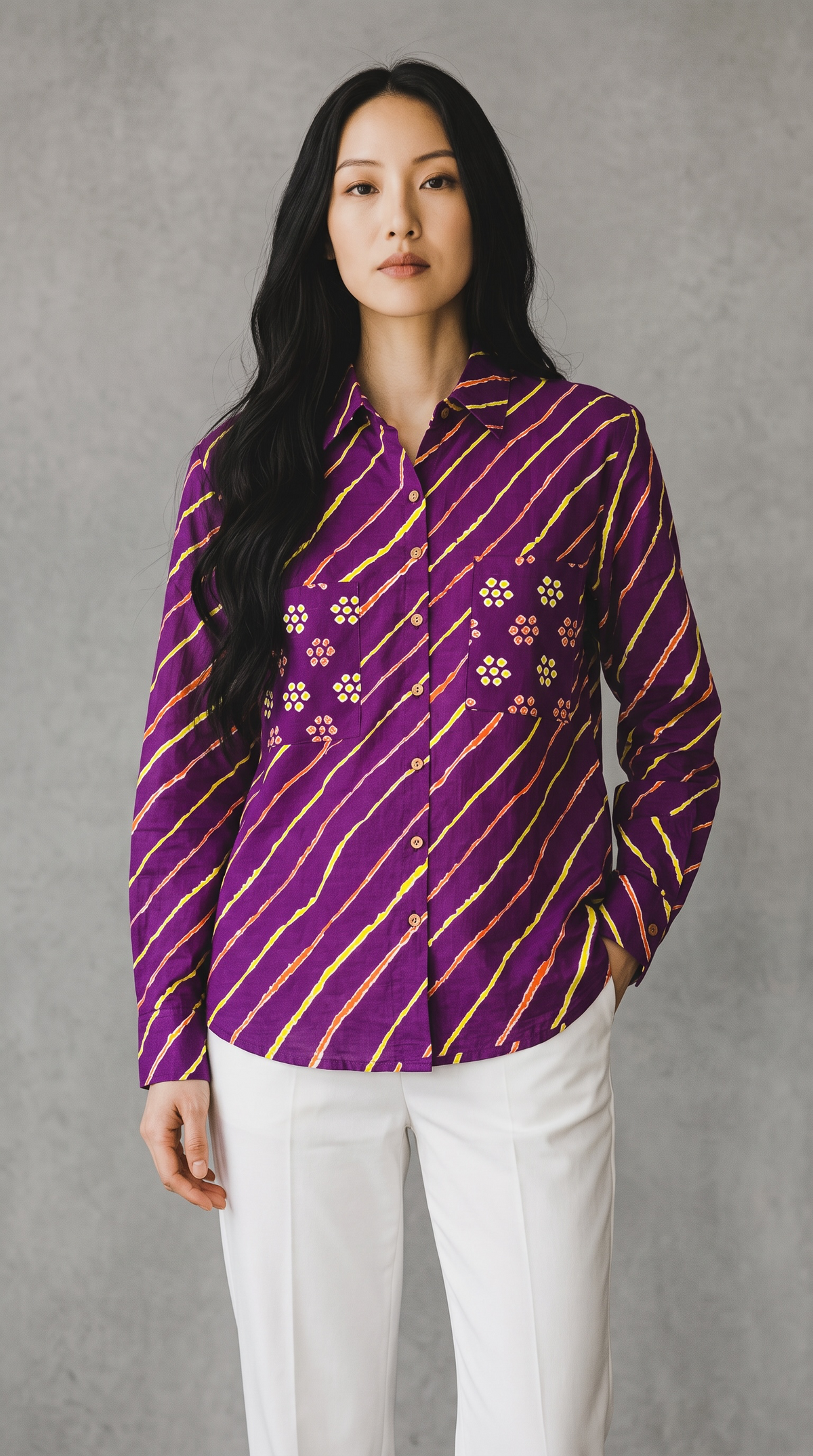 Royal Purple Leheriya Pure Cotton Shirt with Bandhani Pockets