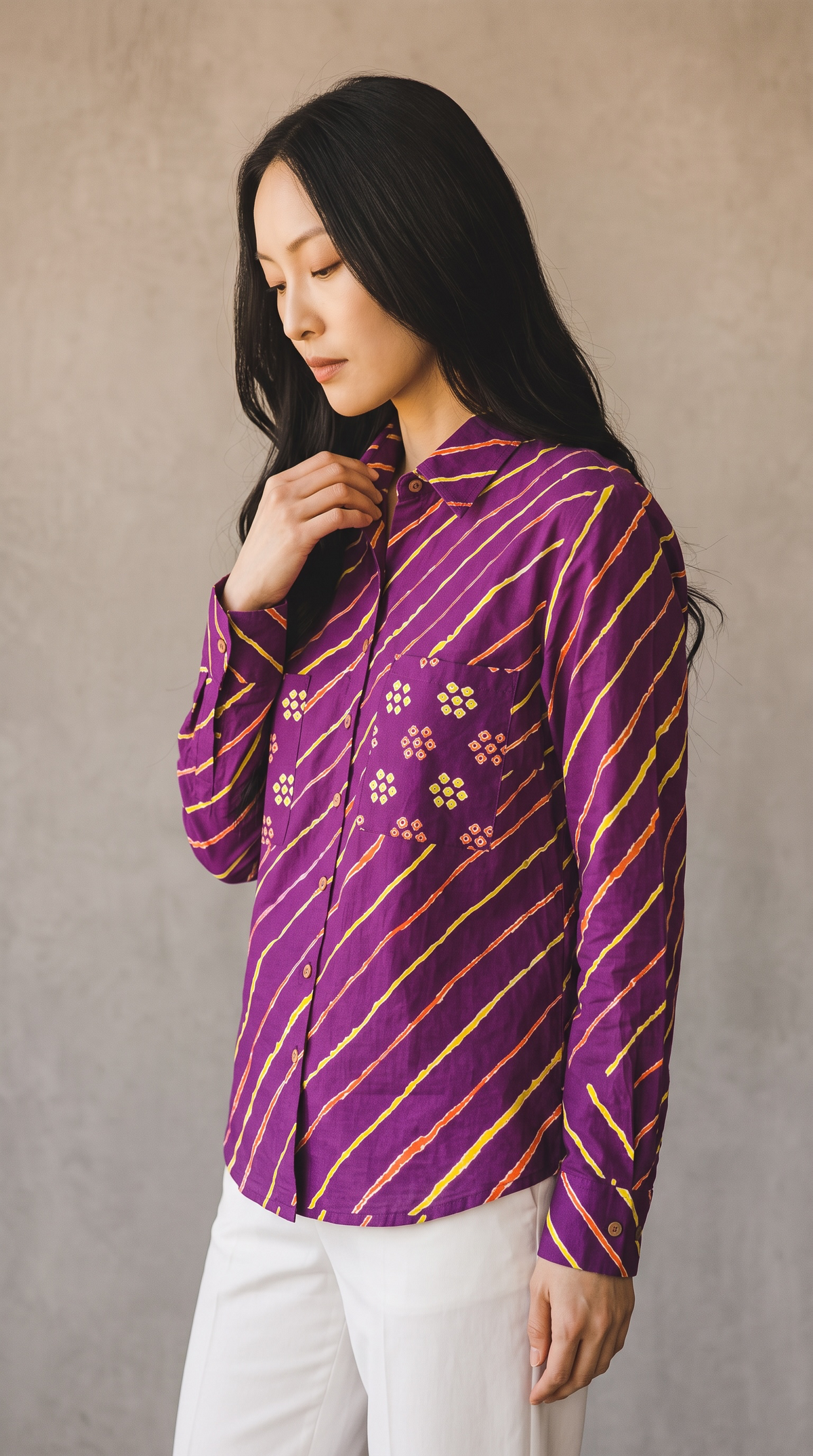 Royal Purple Leheriya Pure Cotton Shirt with Bandhani Pockets
