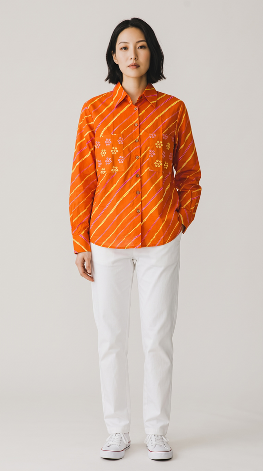 Orange Leheriya Pure Cotton Shirt with Bandhani Pockets