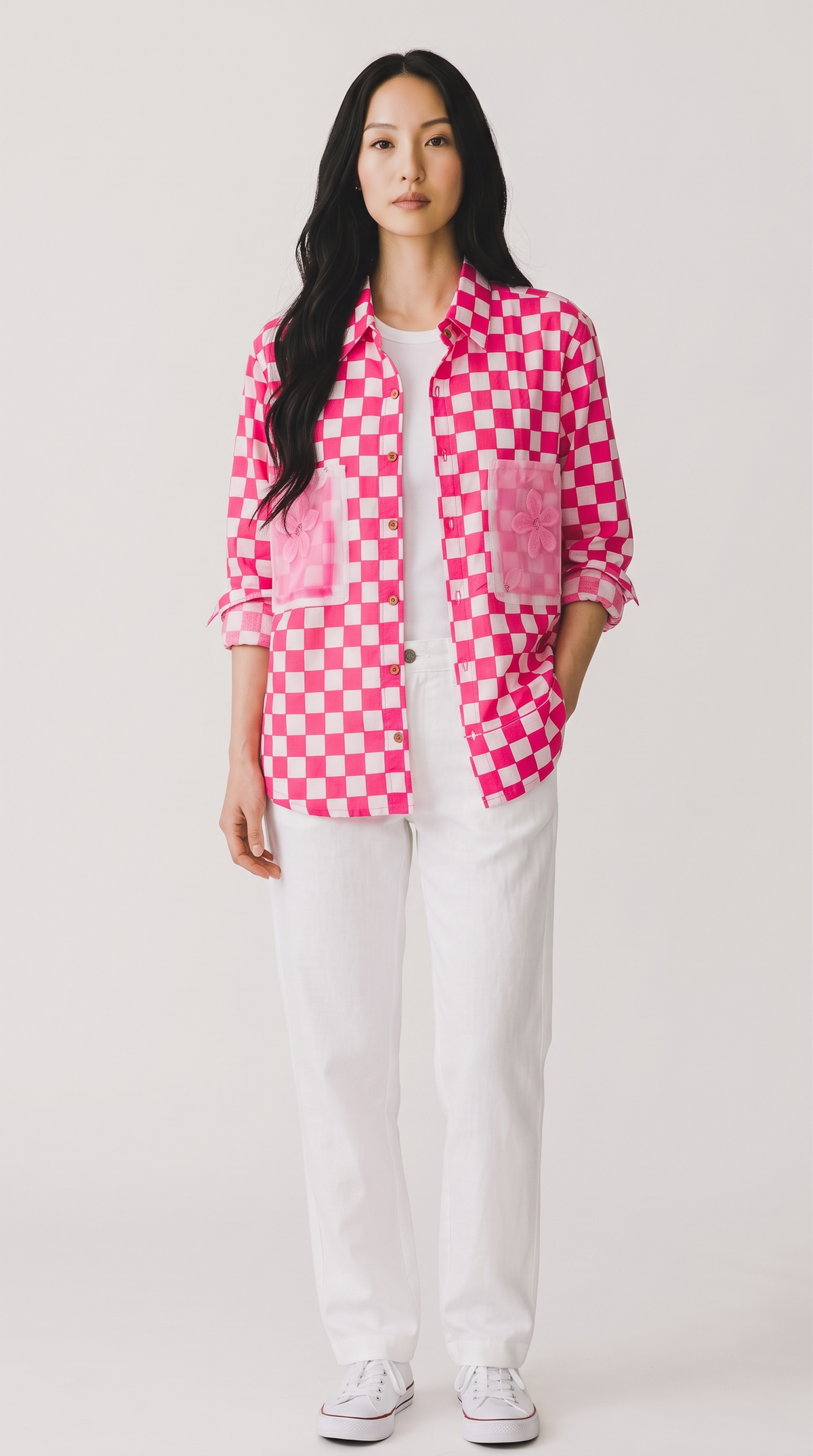 Pink & White Checkered Pure Cotton Shirt with Hand-Painted Organza Pockets