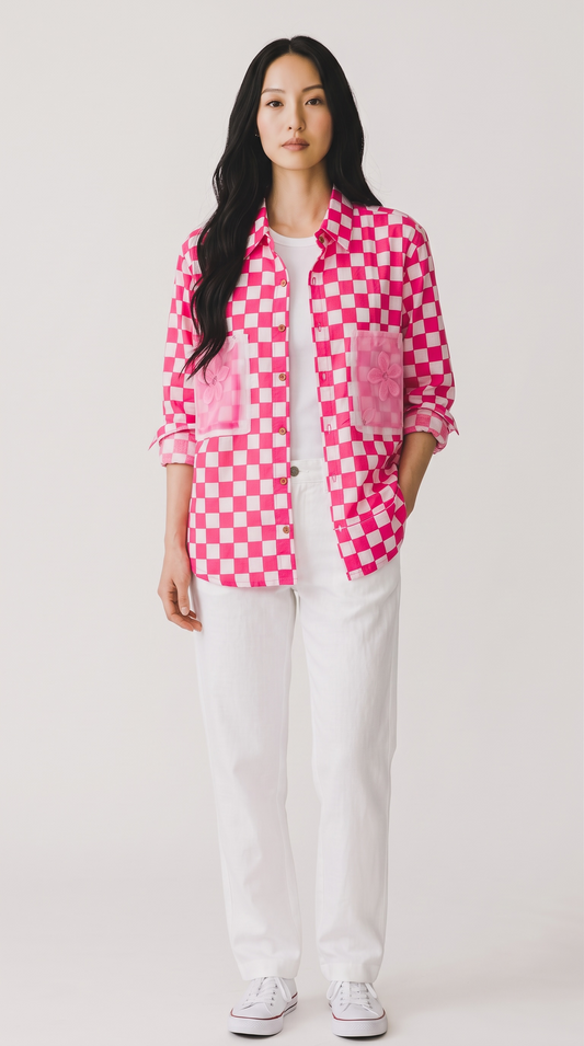 Pink & White Checkered Pure Cotton Shirt with Hand-Painted Organza Pockets