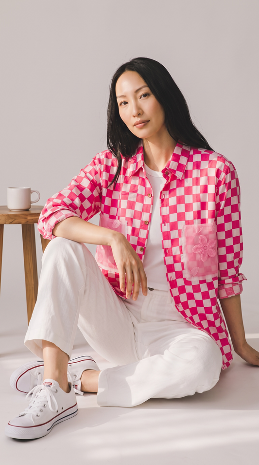 Pink & White Checkered Pure Cotton Shirt with Hand-Painted Organza Pockets