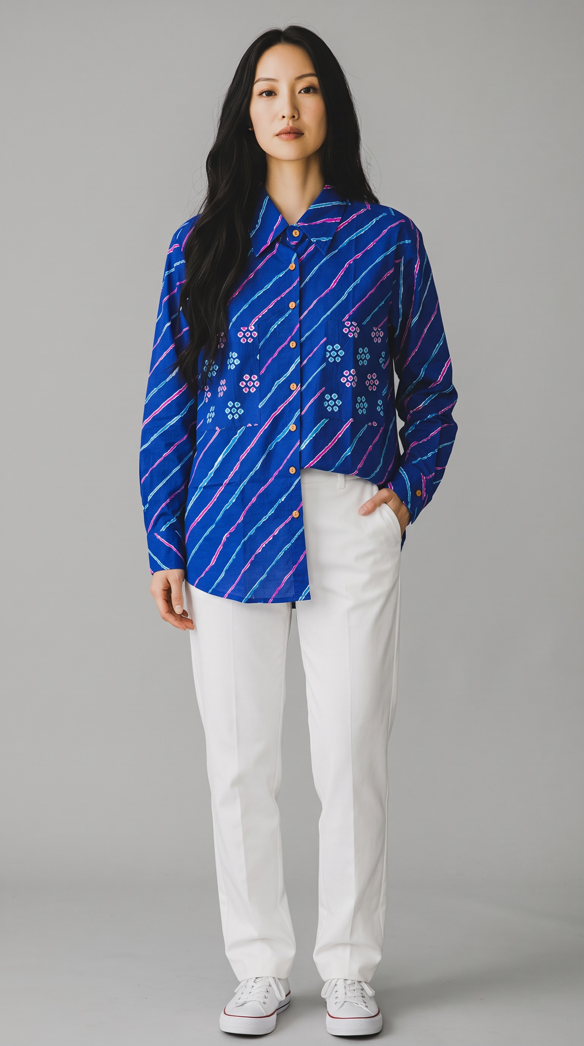 Royal Blue Leheriya Pure Cotton Shirt with Bandhani Pockets