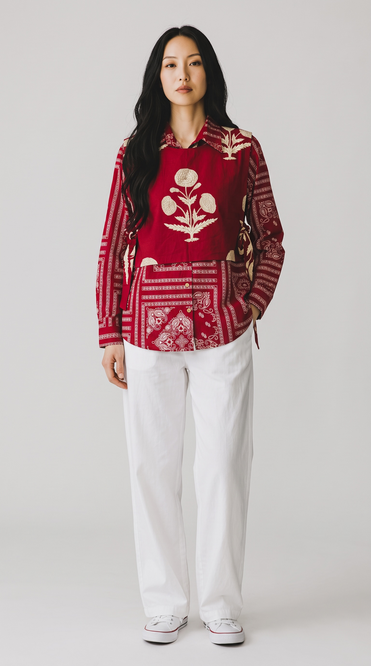 Burgundy Red Pure Cotton Shirt with Detachable Bootee Half Jacket