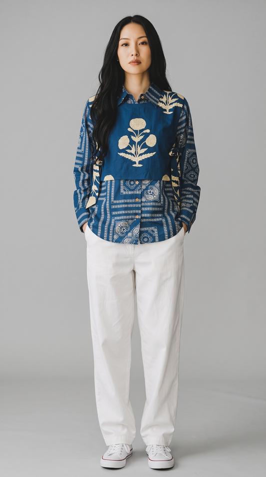 Royal Blue Pure Cotton Shirt with Detachable Bootee Half Jacket