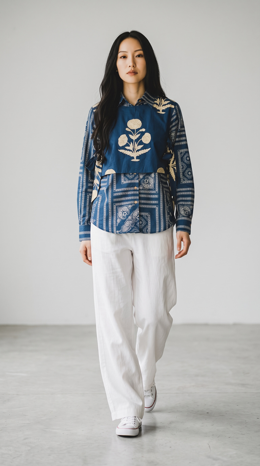 Royal Blue Pure Cotton Shirt with Detachable Bootee Half Jacket