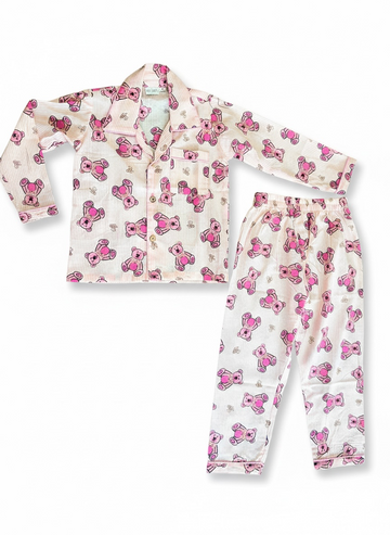 Cute Teddy Bear Pink Printed Cotton Night Suit Set